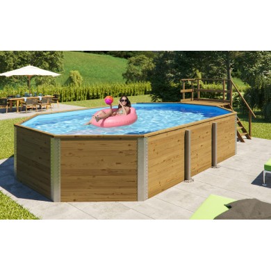 Piscine en bois massif weka 594 diam 376 x 714 cm 20.40 m3 profondeur 116 cm avec filtration escalier deck