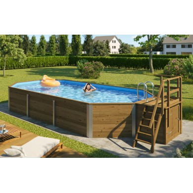 Piscine en bois massif weka 594 diam 376 x 850cm 25.6 m3 profondeur 116 cm avec filtration escalier deck