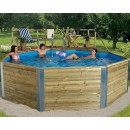 Piscine en bois massif weka 593B diam 397 cm profondeur 116 cm escalier deck et coffre de filtration bois