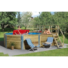 Piscine Ext&eacute;rieure Bois : Piscine en bois massif weka 593BT2 diam 500 cm 18.2 m3 profondeur 116 cm escalier avec terrasse coffre de filtration bois