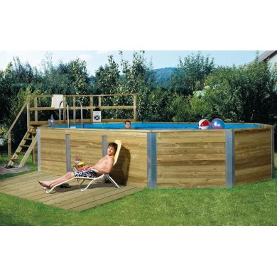 Piscine en bois massif weka 594 diam 376 x 714 cm 20.40 m3 profondeur 116 cm avec filtration escalier deck