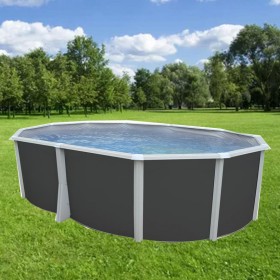 Piscine d&eacute;montable : Kit piscine acier Ibiza anthracite liner gris ovale 550x366cm haut 132 cm filtration &eacute;chelle Torrente Toi