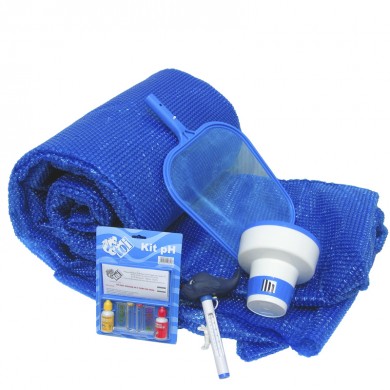 Kit été pour piscine composé d'une bâche à bulles épuisette de surface distributeur chlore thermomètre kit contrôle PH