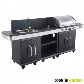Barbecue &agrave; Gaz Cook'in Garden  : Cuisine d'&Eacute;t&eacute; Fidgi Cook'in Garden 4 Br&ucirc;leurs Pack Complet Barbecue Desserte et &Eacute;vier